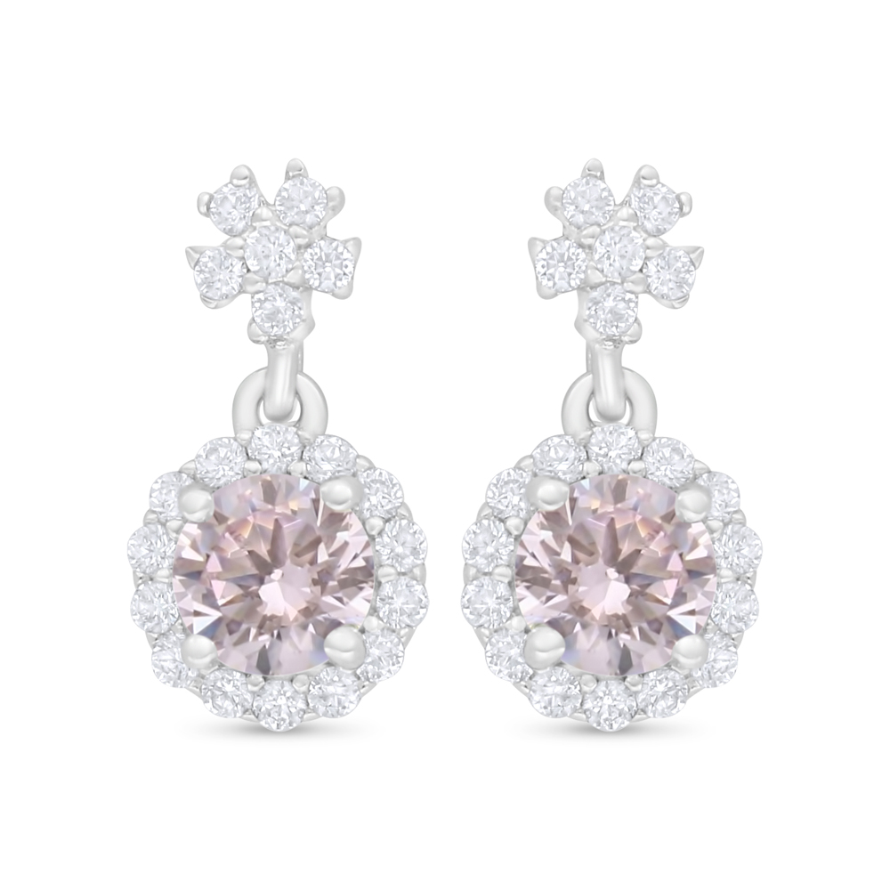 Sterling Silver 925 Earring Rhodium Plated Embedded With Pink Zircon And White Zircon