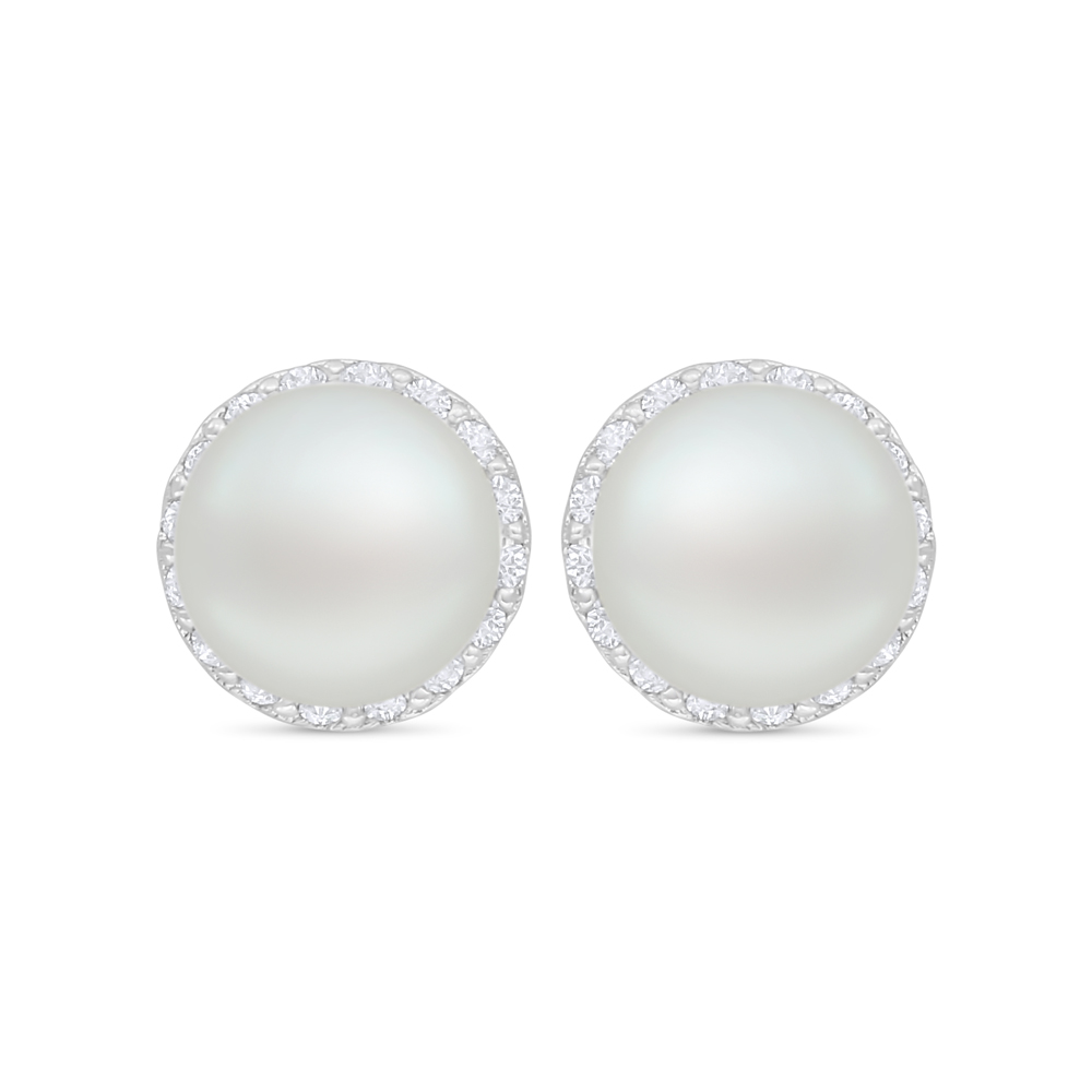 Sterling Silver 925 Earring Rhodium Plated Embedded With Natural White Pearl And White Zircon