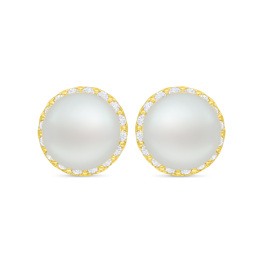 Sterling Silver 925 Earring Golden Plated Embedded With Natural White Pearl And White Zircon