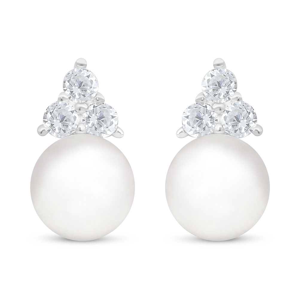 Sterling Silver 925 Earring Rhodium Plated Embedded With Natural White Pearl And White Zircon