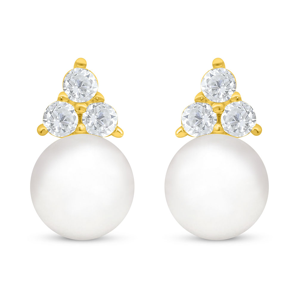 Sterling Silver 925 Earring Golden Plated Embedded With Natural White Pearl And White Zircon