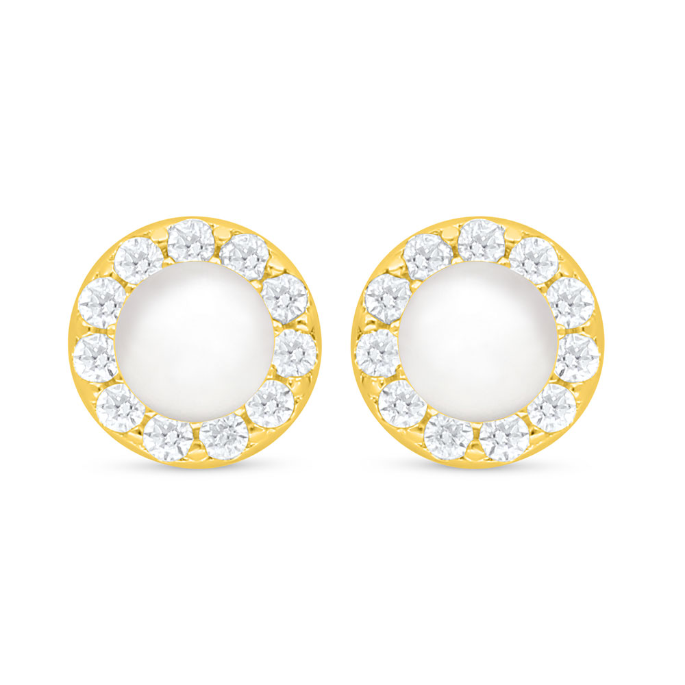 Sterling Silver 925 Earring Golden Plated Embedded With Natural White Pearl And White Zircon