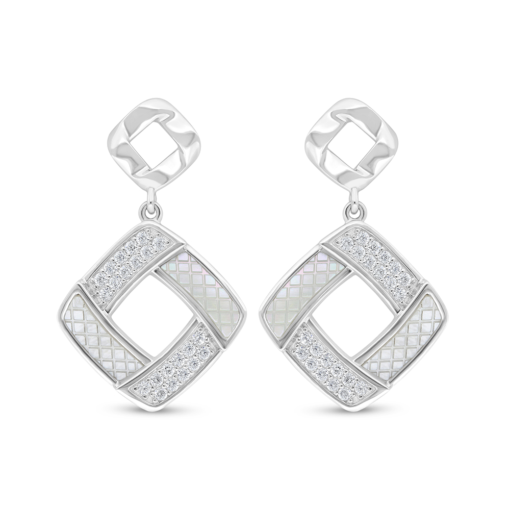 Sterling Silver 925 Earring Rhodium Plated Embedded With White Shell And White Zircon