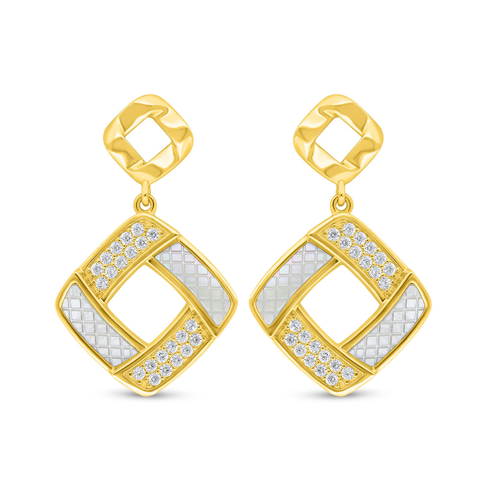 Sterling Silver 925 Earring Golden Plated Embedded With White Shell And White Zircon