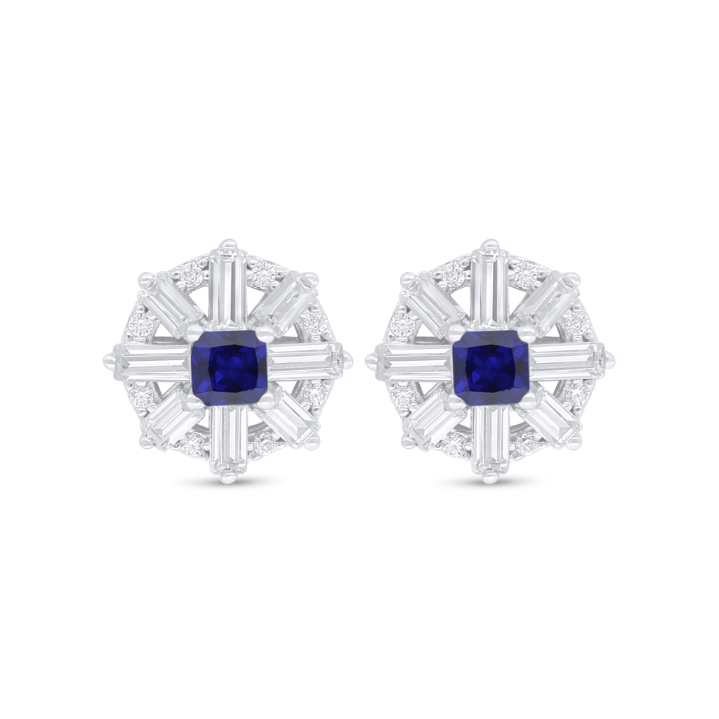 Sterling Silver 925 Earring Rhodium Plated Embedded With Sapphire Corundum And White Zircon