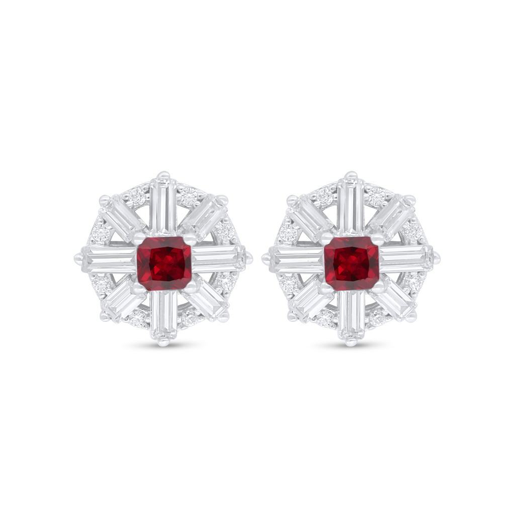 Sterling Silver 925 Earring Rhodium Plated Embedded With Ruby Corundum And White Zircon