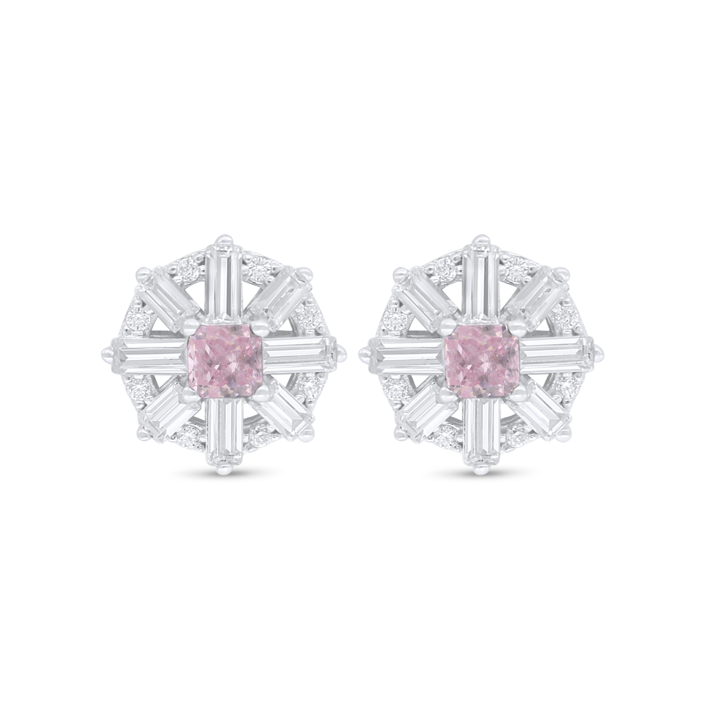 Sterling Silver 925 Earring Rhodium Plated Embedded With Pink Zircon And White Zircon