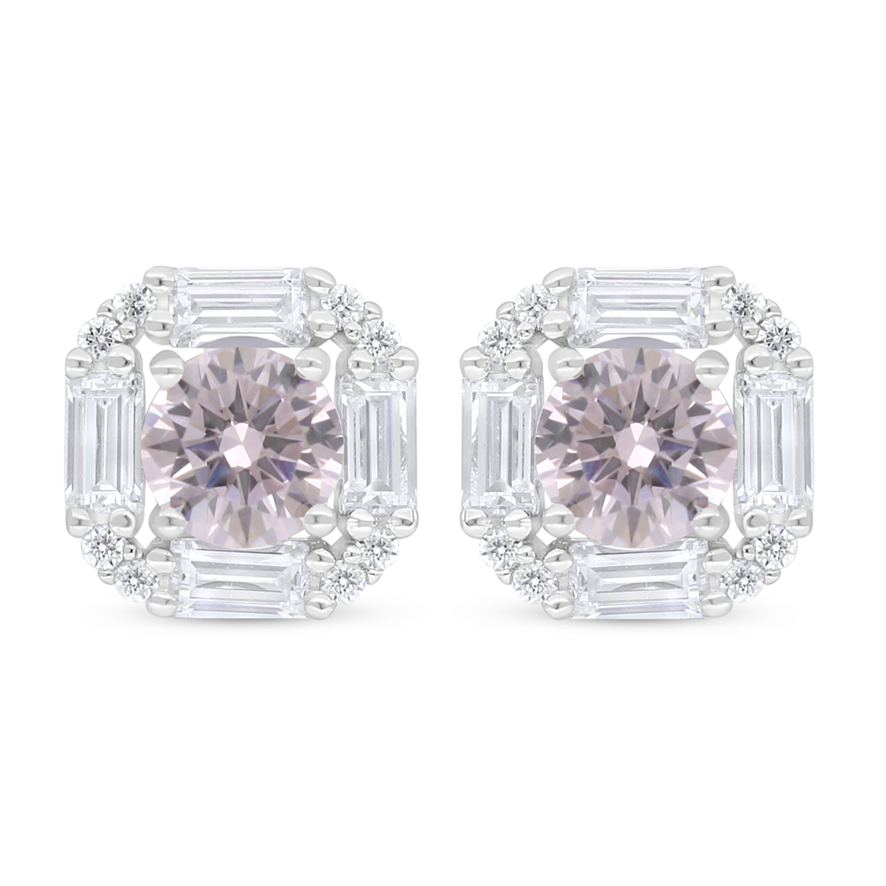 Sterling Silver 925 Earring Rhodium Plated Embedded With Pink Zircon And White Zircon