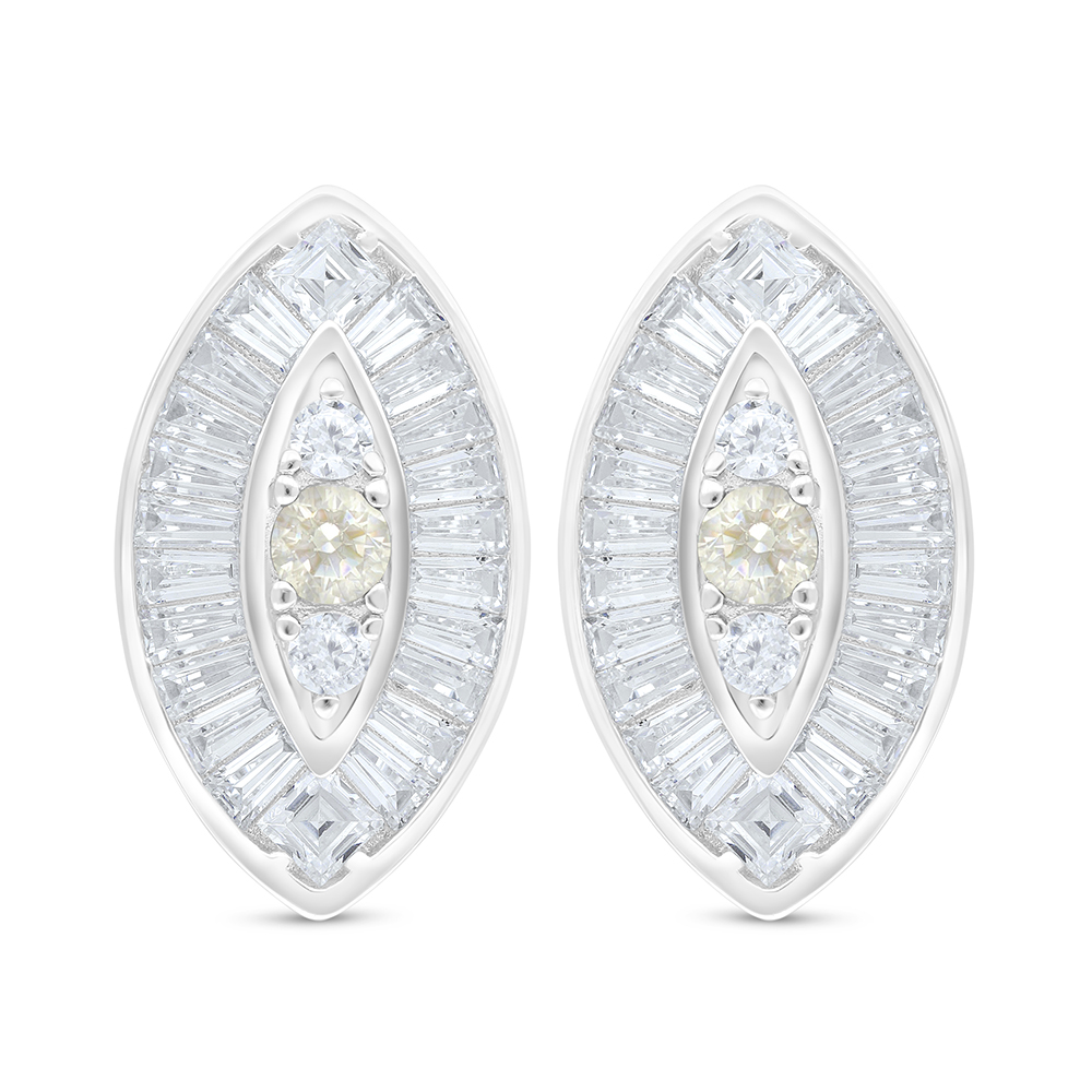 Sterling Silver 925 Earring Rhodium Plated Embedded With Yellow Diamond And White Zircon