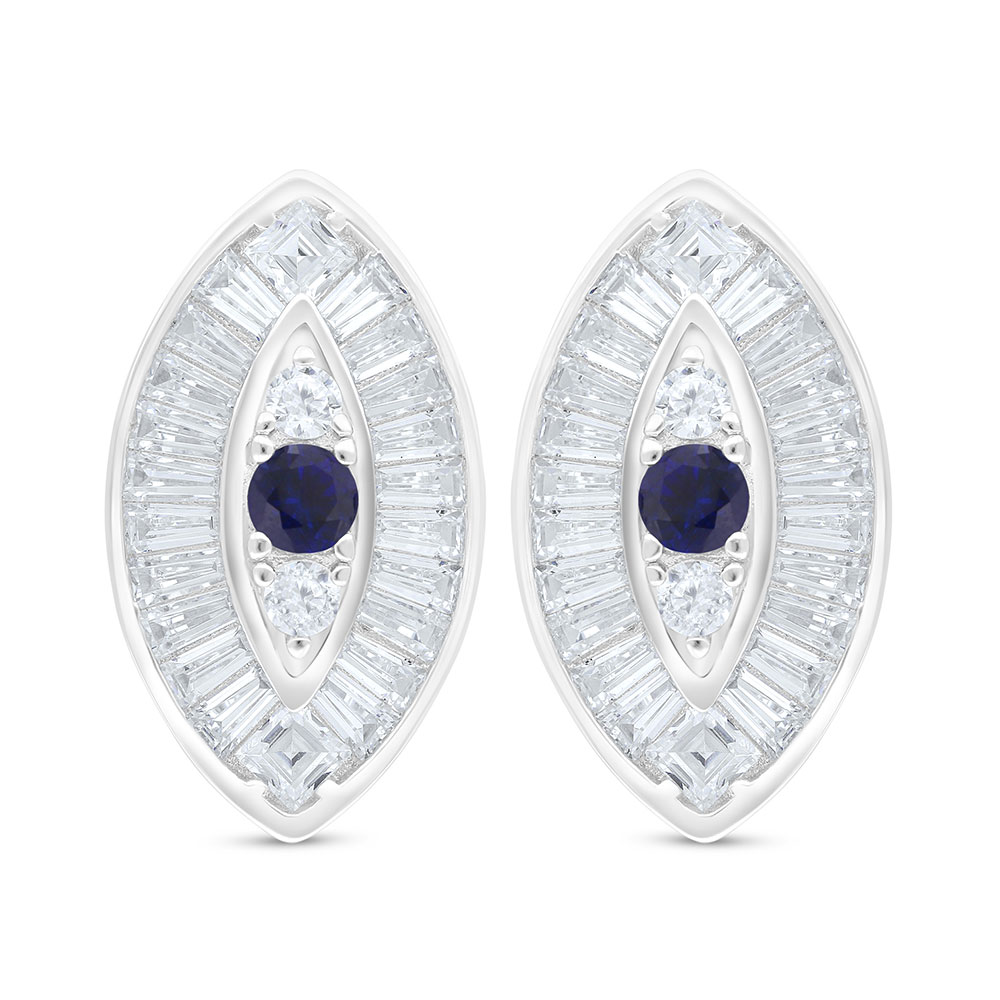 Sterling Silver 925 Earring Rhodium Plated Embedded With Sapphire Corundum And White Zircon