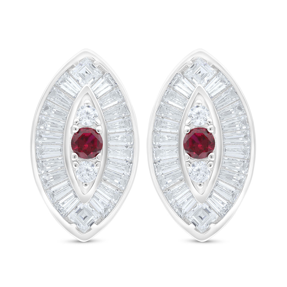 Sterling Silver 925 Earring Rhodium Plated Embedded With Ruby Corundum And White Zircon