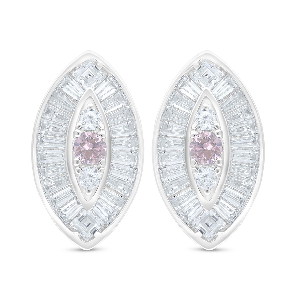 Sterling Silver 925 Earring Rhodium Plated Embedded With Pink Zircon And White Zircon