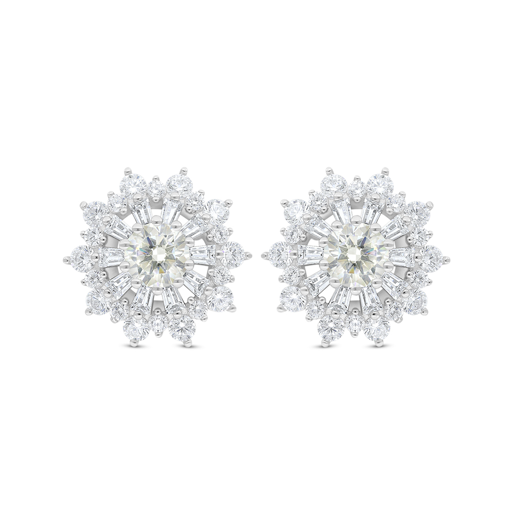 Sterling Silver 925 Earring Rhodium Plated Embedded With Yellow Diamond And White Zircon