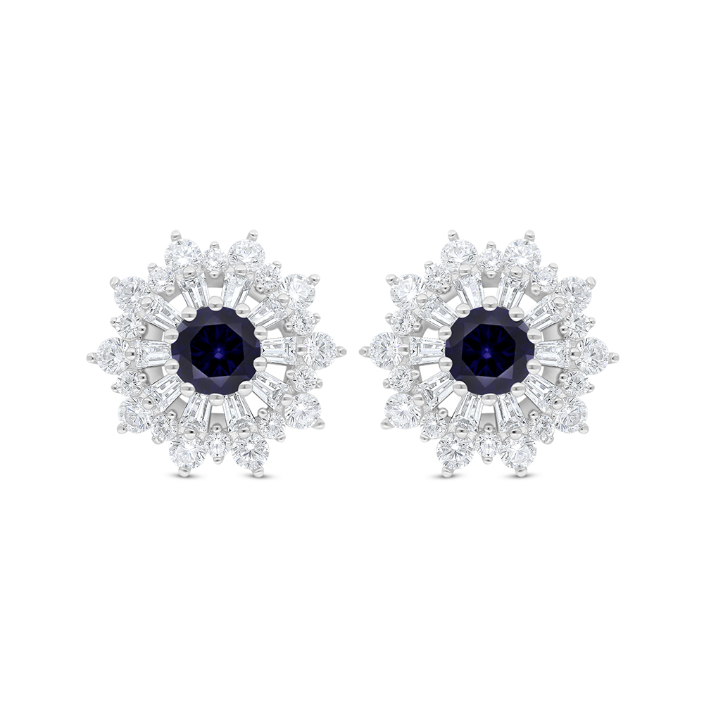 Sterling Silver 925 Earring Rhodium Plated Embedded With Sapphire Corundum And White Zircon