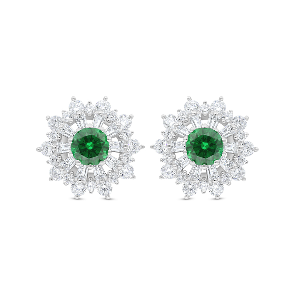 Sterling Silver 925 Earring Rhodium Plated Embedded With Emerald Zircon And White Zircon