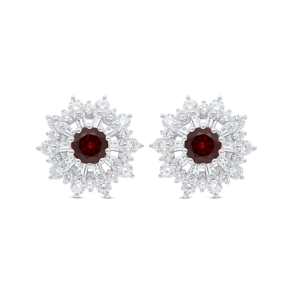 Sterling Silver 925 Earring Rhodium Plated Embedded With Ruby Corundum And White Zircon