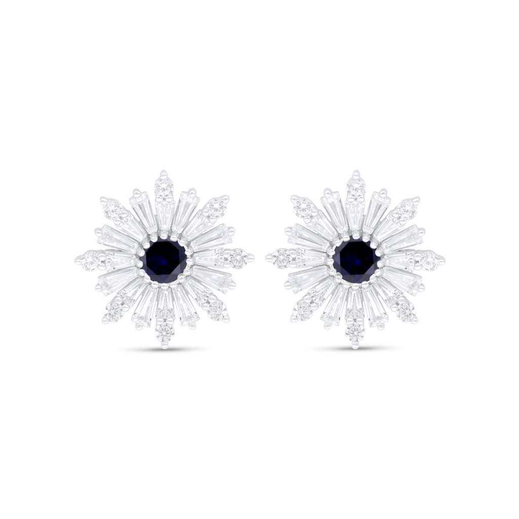 Sterling Silver 925 Earring Rhodium Plated Embedded With Sapphire Corundum And White Zircon