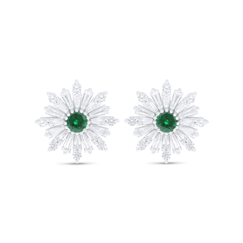 Sterling Silver 925 Earring Rhodium Plated Embedded With Emerald Zircon And White Zircon