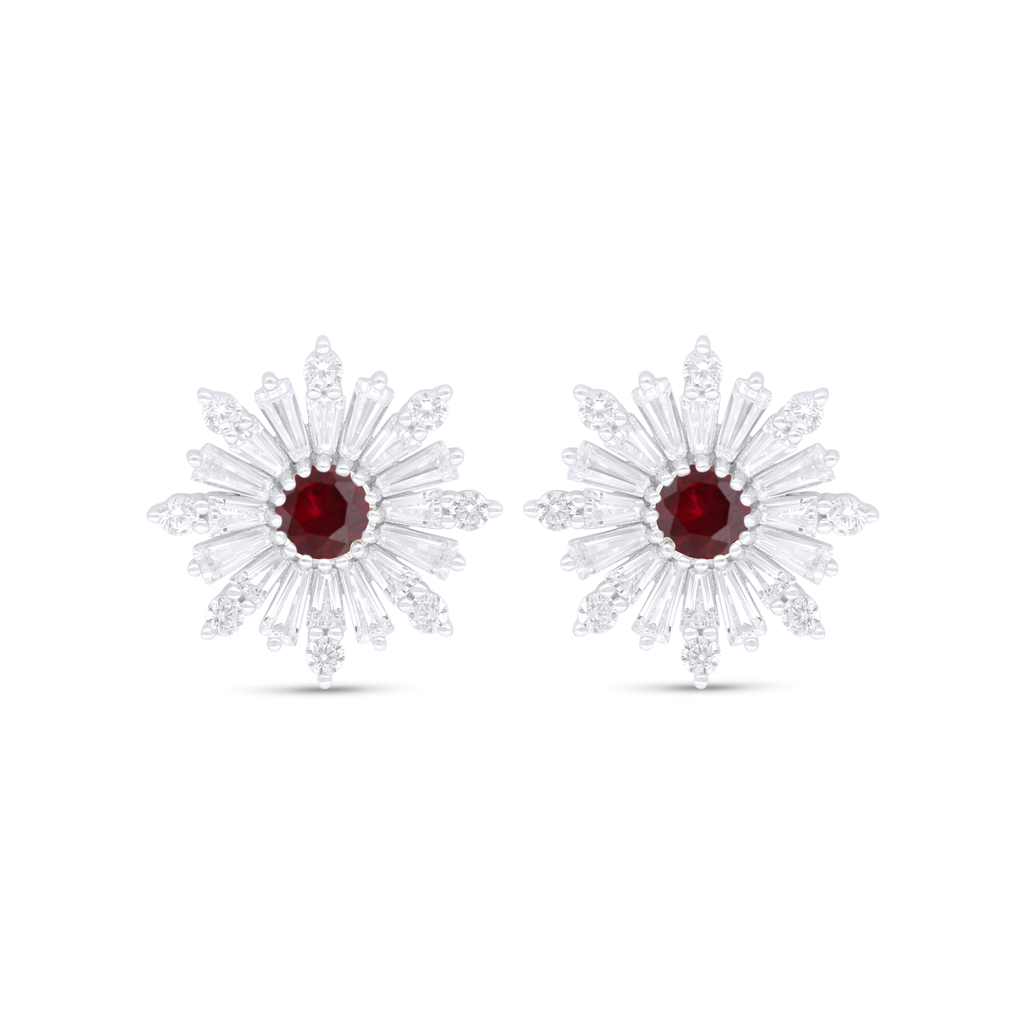 Sterling Silver 925 Earring Rhodium Plated Embedded With Ruby Corundum And White Zircon