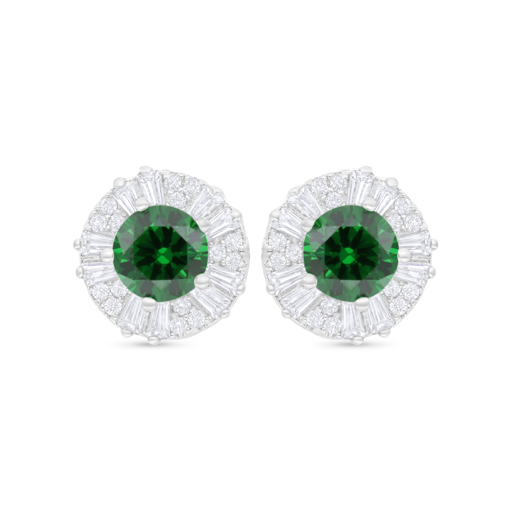 Sterling Silver 925 Earring Rhodium Plated Embedded With Emerald Zircon And White Zircon