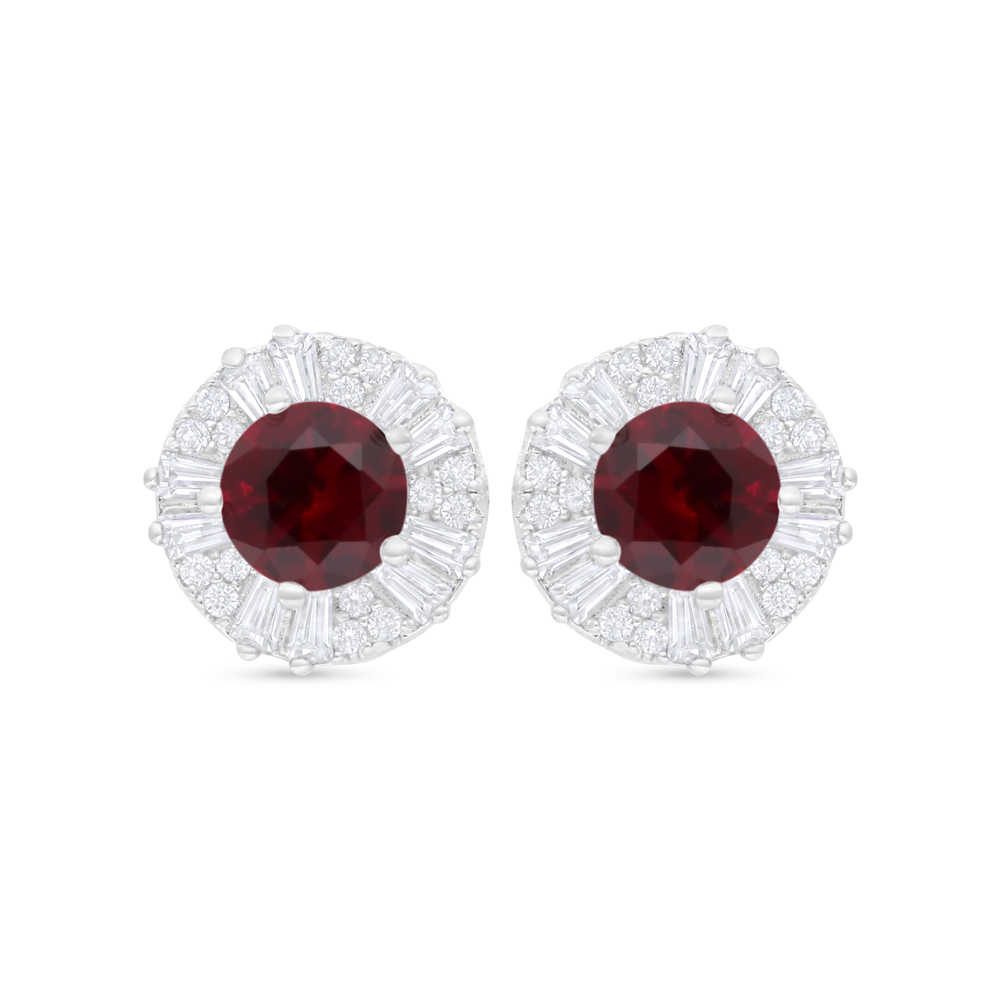 Sterling Silver 925 Earring Rhodium Plated Embedded With Ruby Corundum And White Zircon