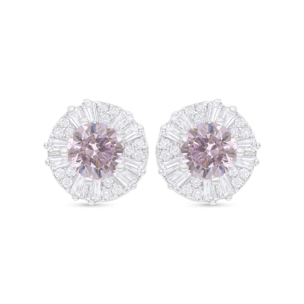 Sterling Silver 925 Earring Rhodium Plated Embedded With Pink Zircon And White Zircon