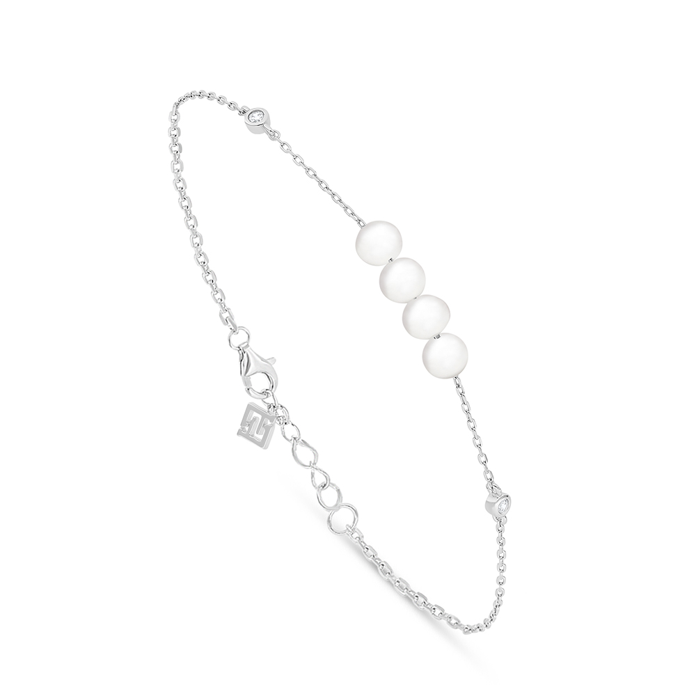 Sterling Silver 925 Bracelet Rhodium Plated Embedded With Natural White Pearl And White Zircon 