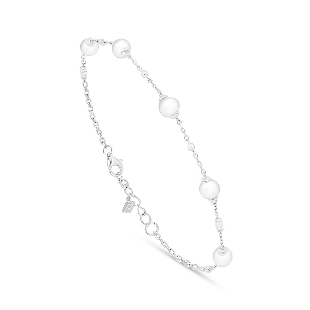 Sterling Silver 925 Bracelet Rhodium Plated Embedded With Natural White Pearl 