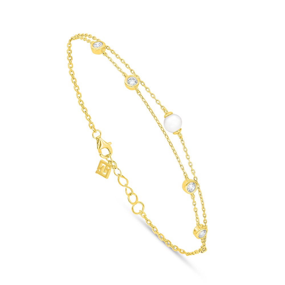 Sterling Silver 925 Bracelet Golden Plated Embedded With Natural White Pearl And White Zircon 