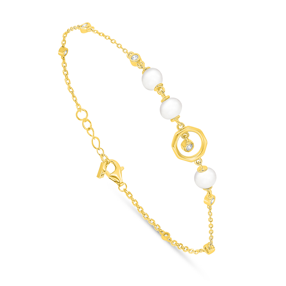 Sterling Silver 925 Bracelet Golden Plated Embedded With Natural White Pearl And White Zircon 