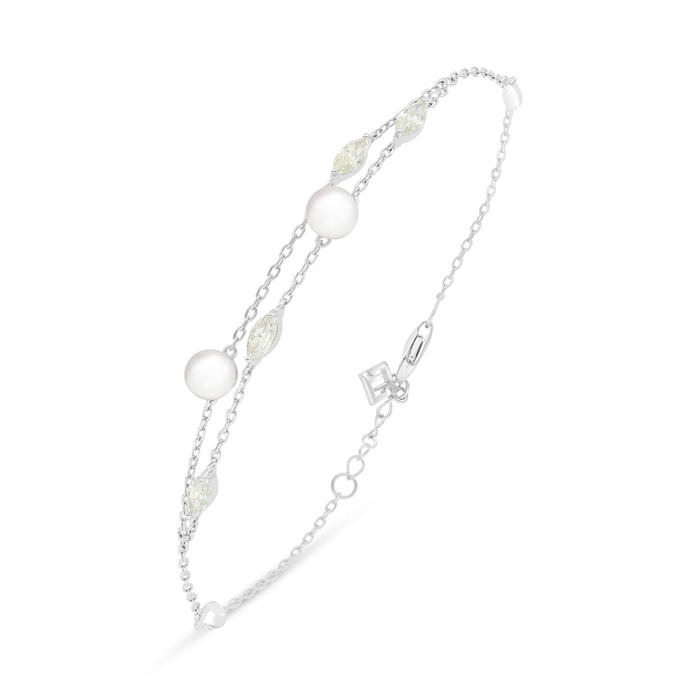 Sterling Silver 925 Bracelet Rhodium Plated Embedded With Natural White Pearl And Yellow Diamond 