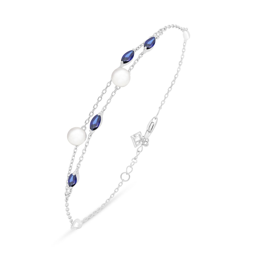 Sterling Silver 925 Bracelet Rhodium Plated Embedded With Natural White Pearl And Sapphire Corundum