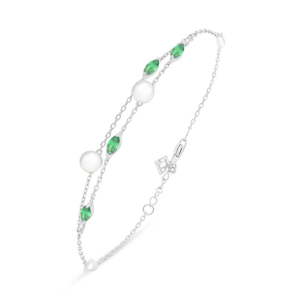 Sterling Silver 925 Bracelet Rhodium Plated Embedded With Natural White Pearl And Emerald Zircon