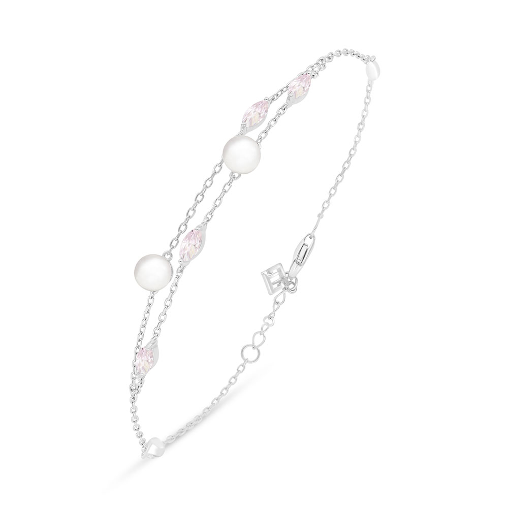 Sterling Silver 925 Bracelet Rhodium Plated Embedded With Natural White Pearl And Pink Zircon