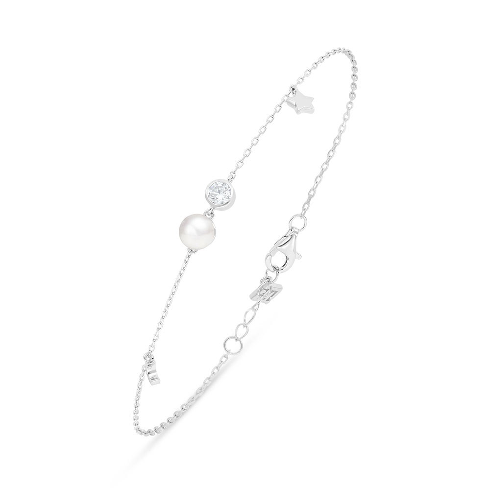 Sterling Silver 925 Bracelet Rhodium Plated Embedded With Natural White Pearl And White Zircon