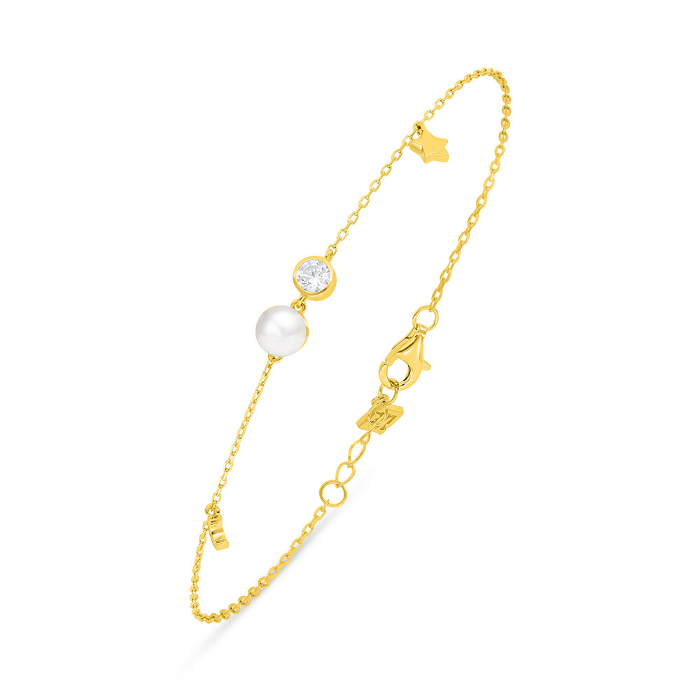 Sterling Silver 925 Bracelet Golden Plated Embedded With Natural White Pearl And White Zircon