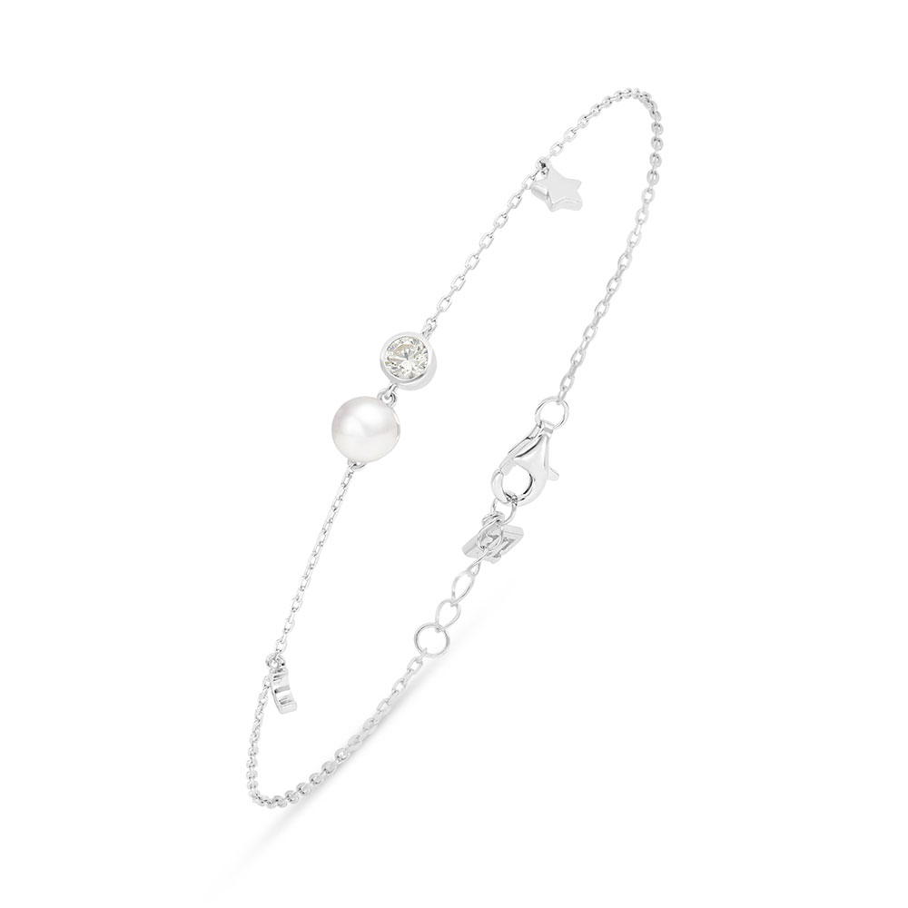 Sterling Silver 925 Bracelet Rhodium Plated Embedded With Natural White Pearl And Yellow Diamond 