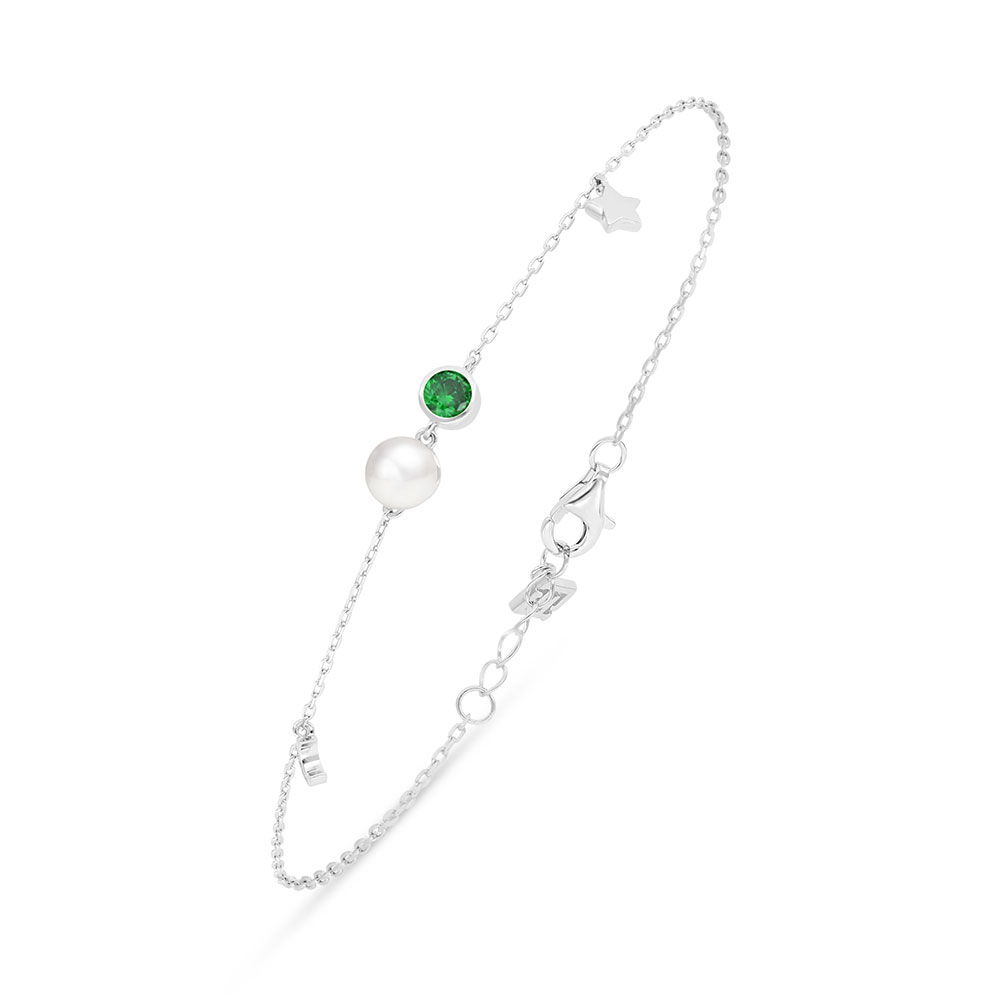 Sterling Silver 925 Bracelet Rhodium Plated Embedded With Natural White Pearl And Emerald Zircon 