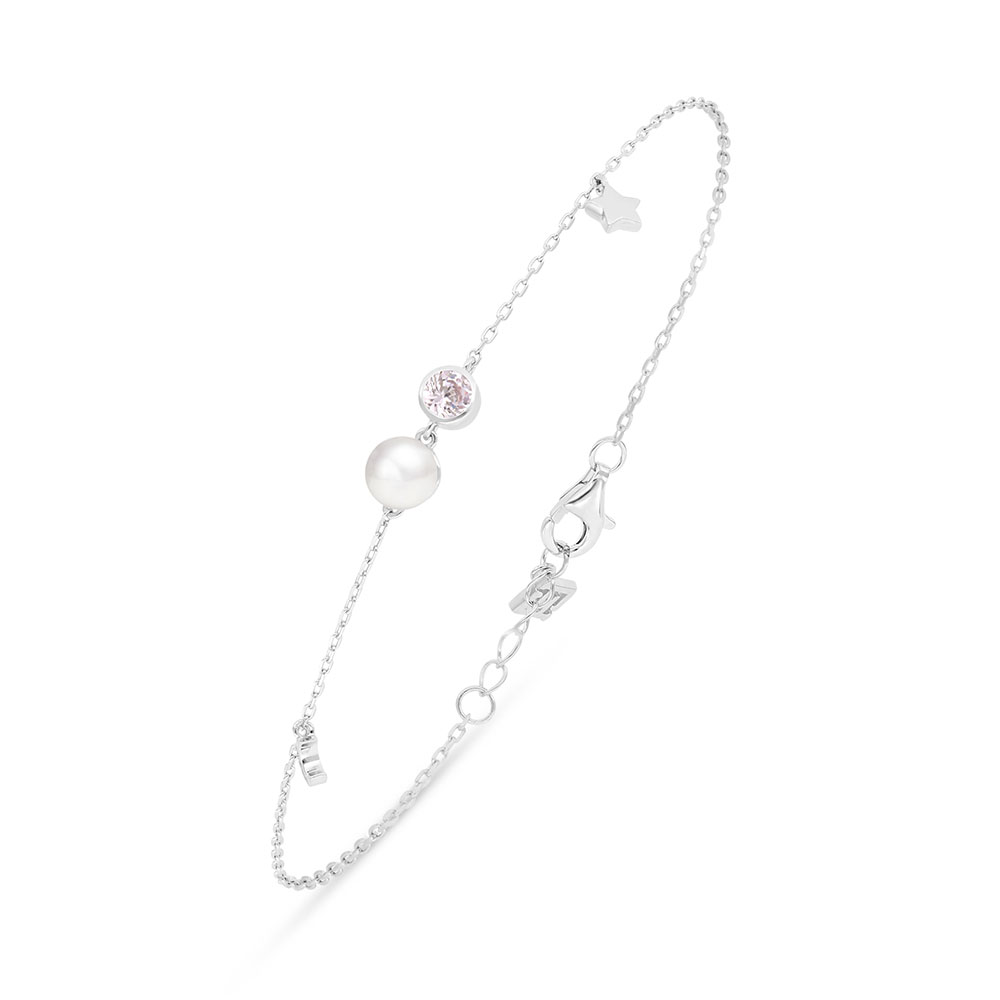 Sterling Silver 925 Bracelet Rhodium Plated Embedded With Natural White Pearl And Pink Zircon 