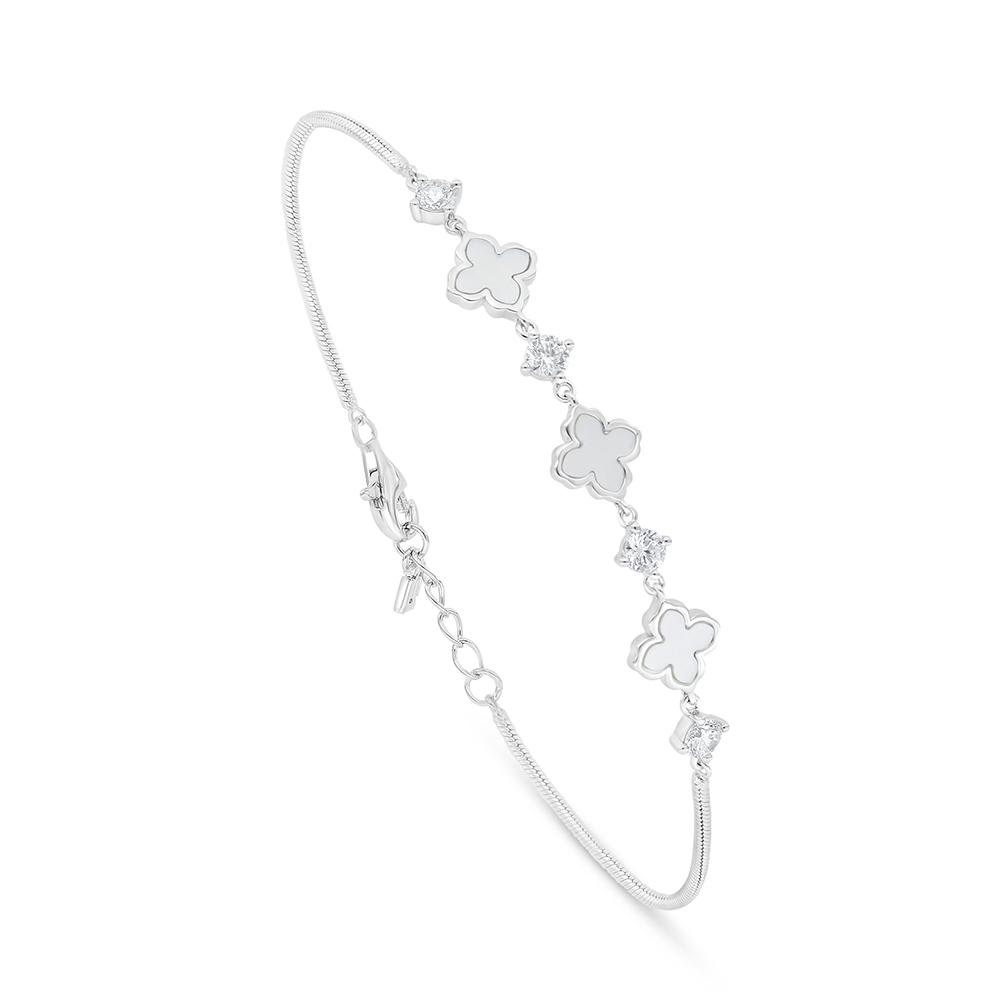 Sterling Silver 925 Bracelet Rhodium Plated Embedded With White Shell And White Zircon 