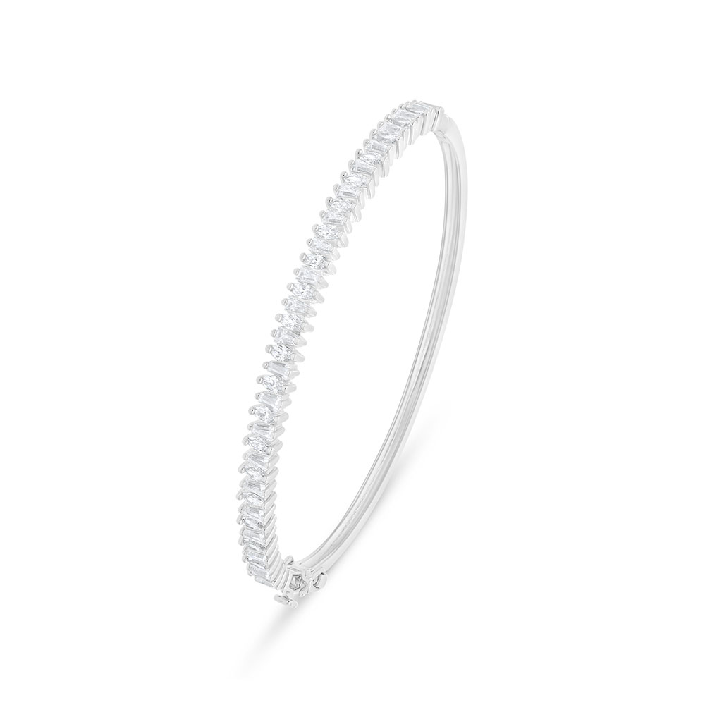 Sterling Silver 925 Bangle Rhodium Plated Embedded With White Zircon