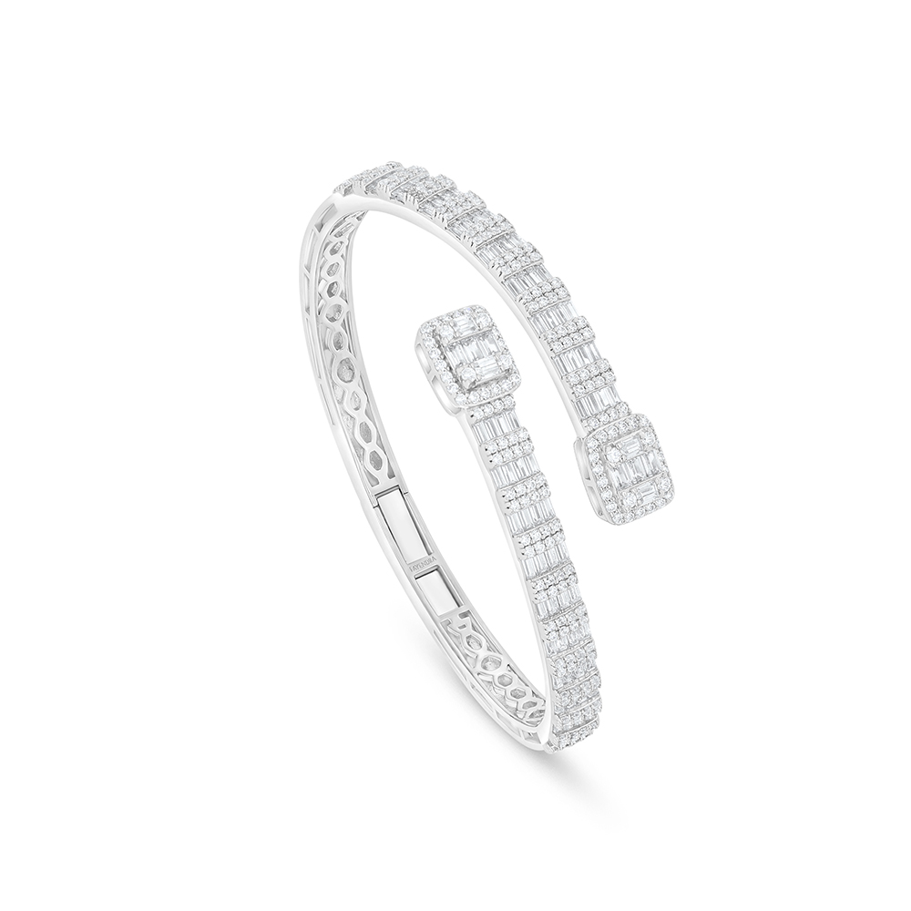 Sterling Silver 925 Bangle Rhodium Plated Embedded With White Zircon 