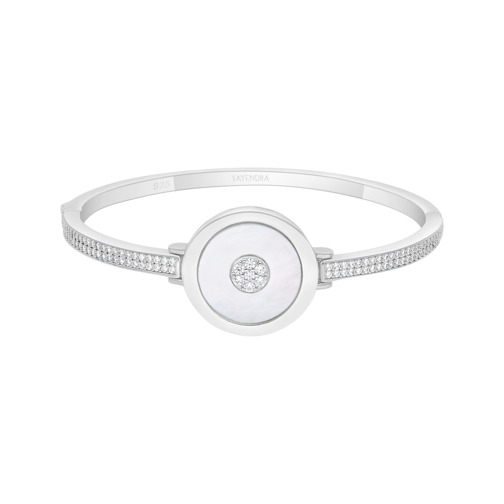 Sterling Silver 925 Bangle Rhodium Plated Embedded With White Shell And White Zircon