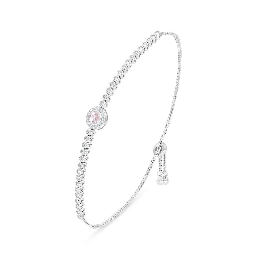 Sterling Silver 925 Bracelet Rhodium Plated Embedded With Pink Zircon And White Zircon