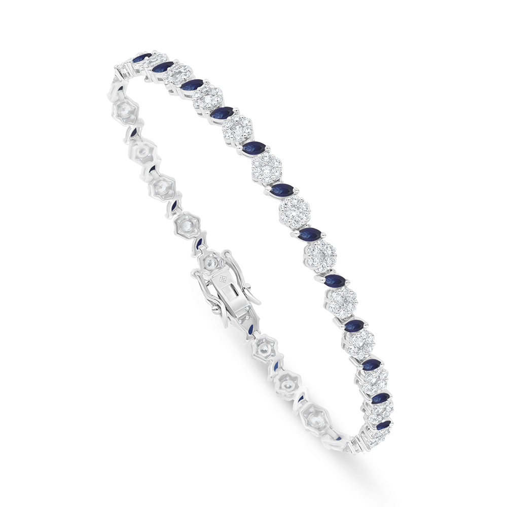 Sterling Silver 925 Bracelet Rhodium Plated Embedded With Sapphire Corundum And White Zircon