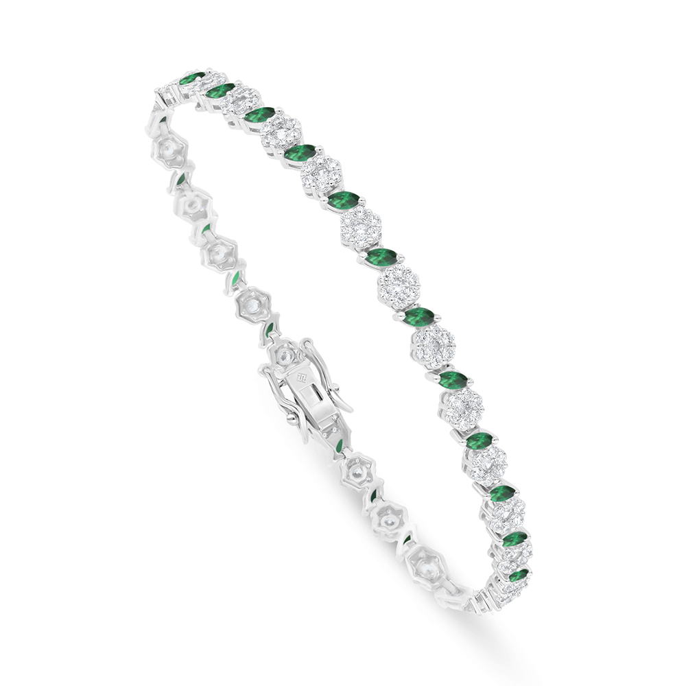 Sterling Silver 925 Bracelet Rhodium Plated Embedded With Emerald Zircon And White Zircon