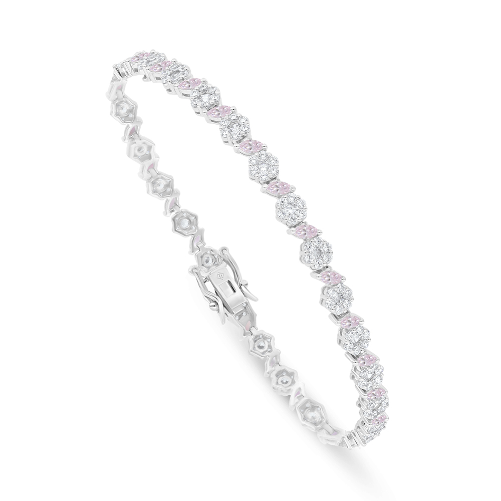 Sterling Silver 925 Bracelet Rhodium Plated Embedded With Pink Zircon And White Zircon