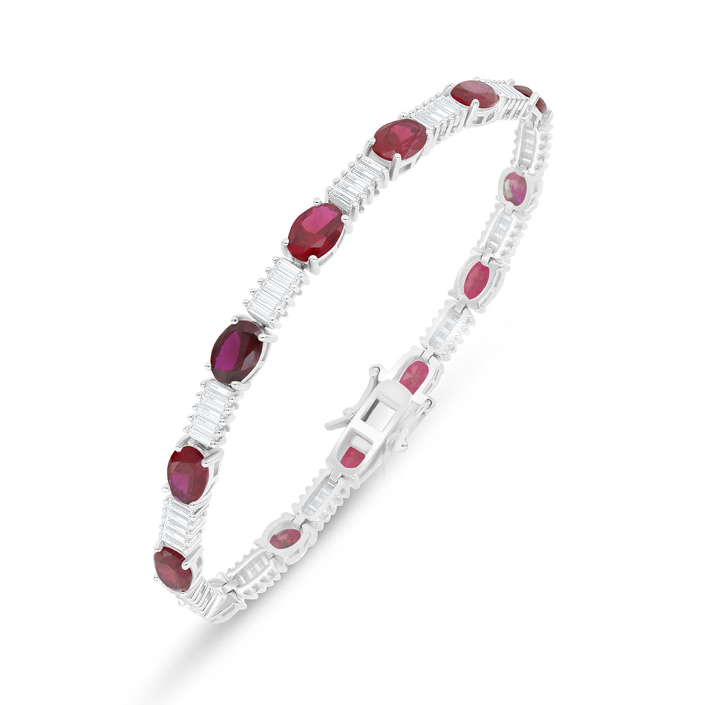 Sterling Silver 925 Bracelet Rhodium Plated Embedded With Ruby Corundum And White Zircon