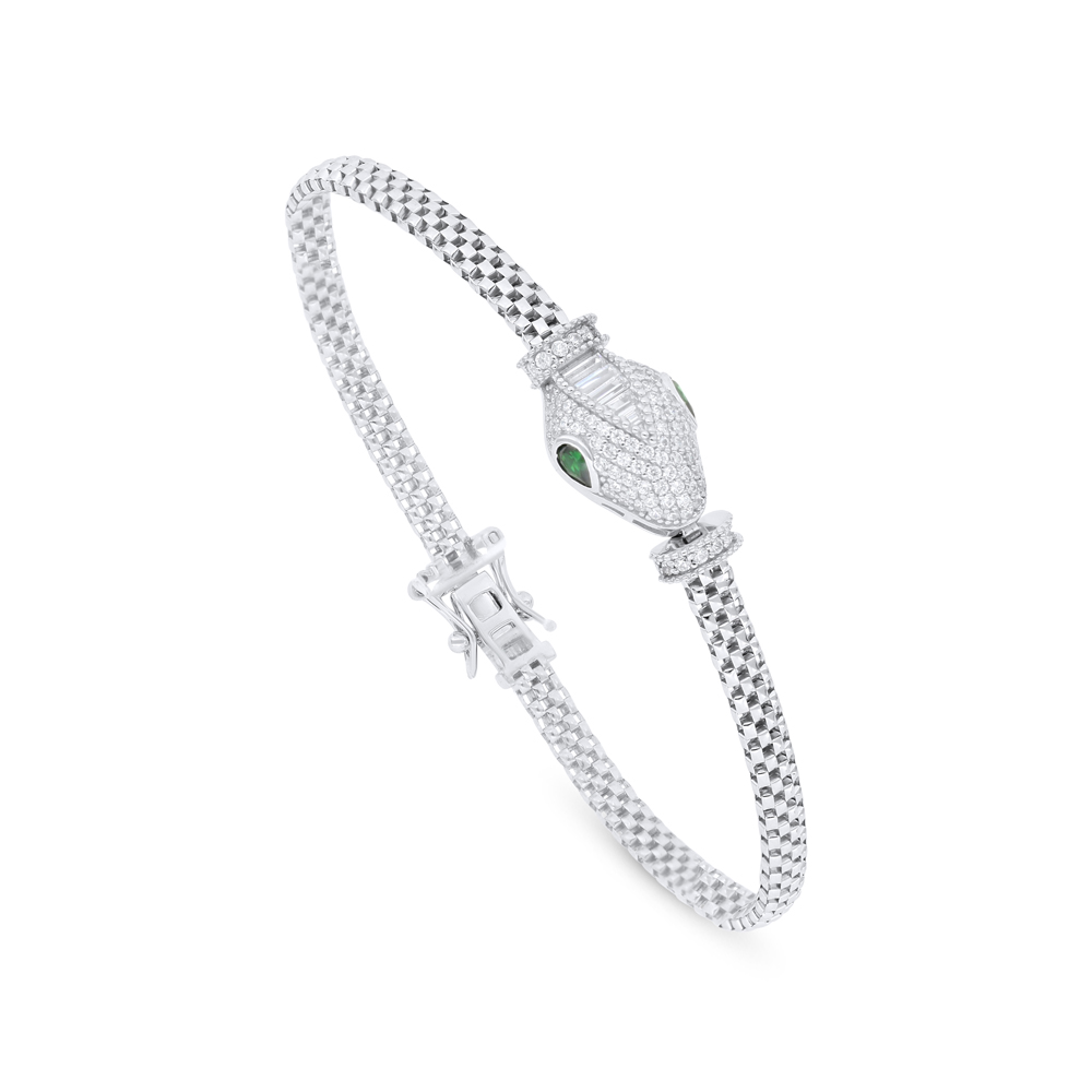 Sterling Silver 925 Bracelet Rhodium Plated Embedded With Emerald Zircon And White Zircon