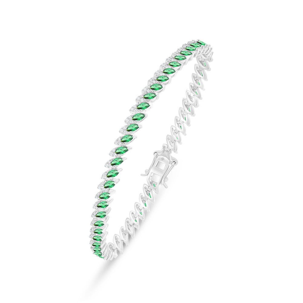 Sterling Silver 925 Bracelet Rhodium Plated Embedded With Emerald Zircon And White Zircon